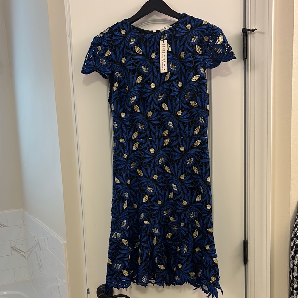 Alice + Olivia Blue and Yellow Ruffled Sheath Dress